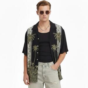 Campia Moda Palm Tree Button Down Shirt Mens L Black Tropical Beachy Retro 90s